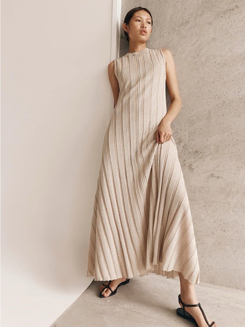 DISSH Sleeveless Maxi Dress in Light Beige Ribbed Knit